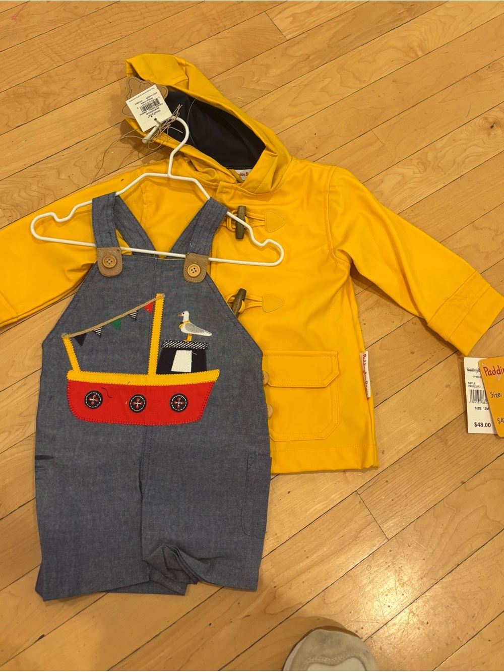 Mudpie and Paddington Yellow Rain Jacket with Blue Overalls 6 to 12 mo range